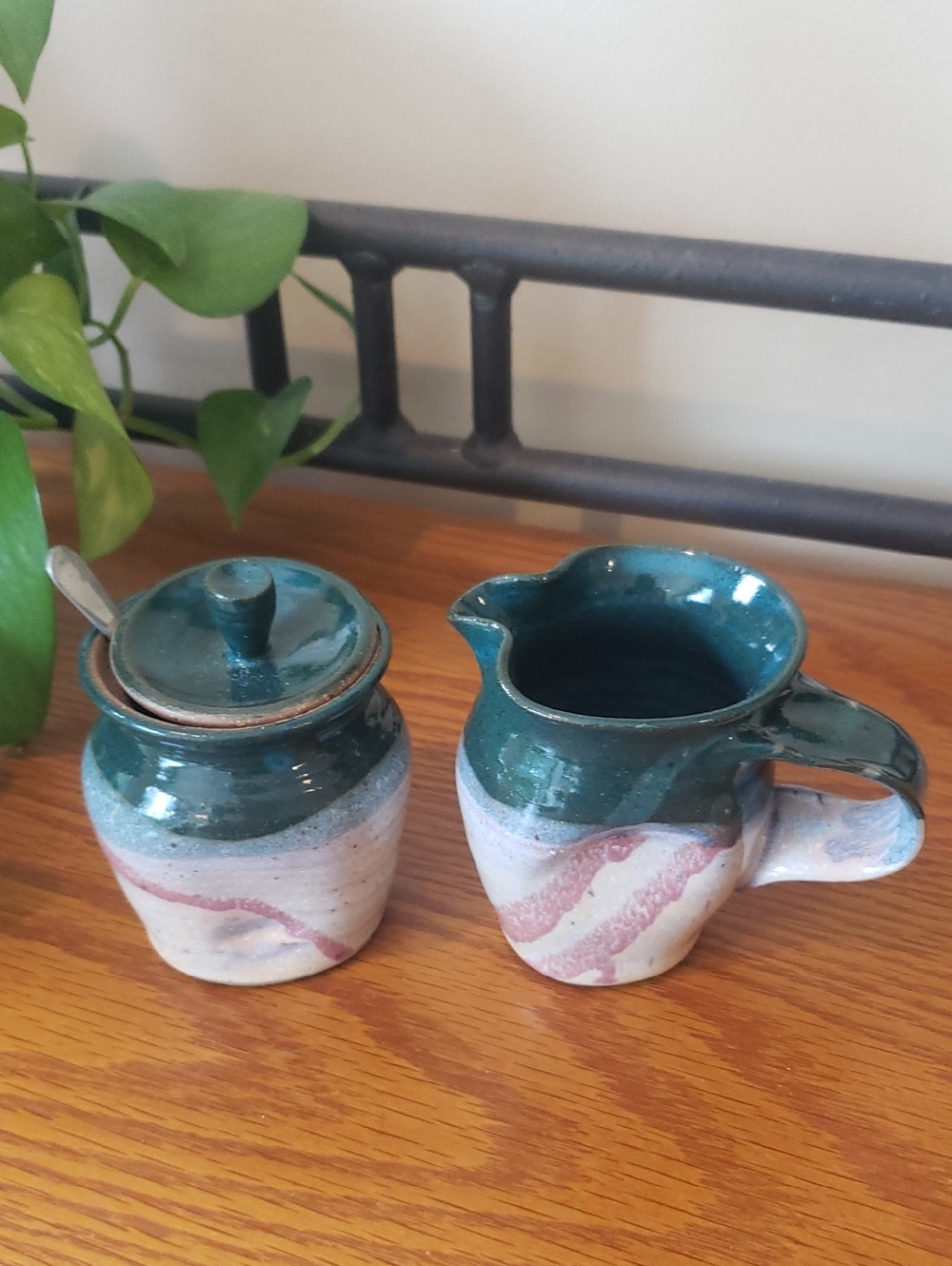 Vtg Handcrafted Stoneware Creamer and Sugar Jar With Spoon - Teal and Cream